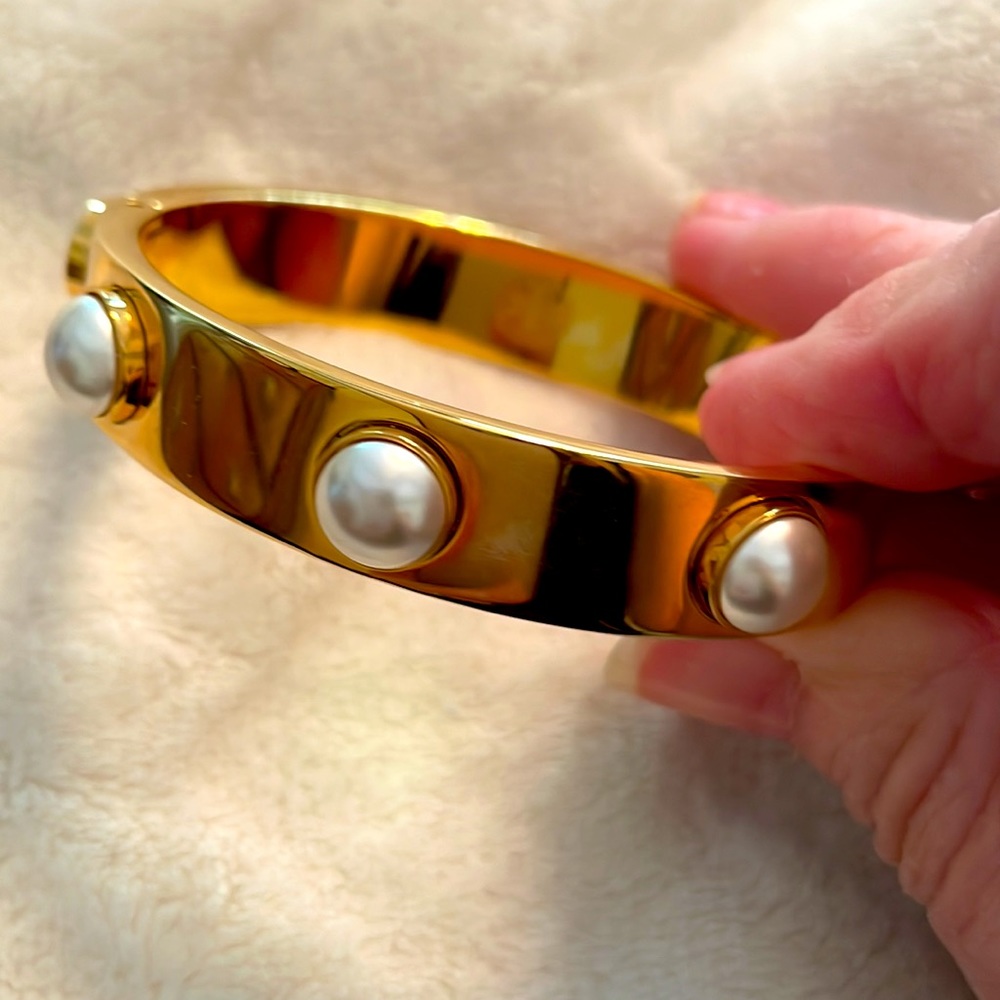 Tory Burch Chunky Gold Hinged Bangle with Pearl Accents
